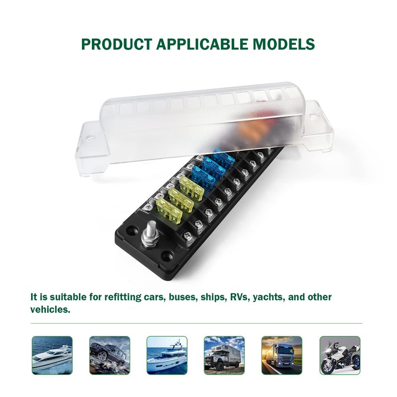LENKRAD 12 Way Fuse Block Blade Fuse Box NO LED Warning Indicator, 12 Circuits ATC/ATO with Negative Bus, Protection Cover, Bolt Connect Terminals, Sticker Labels for Car Marine RV Truck - Image 4